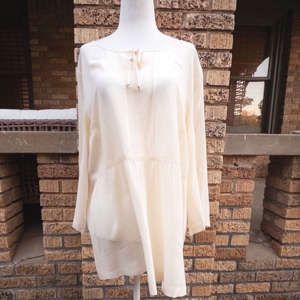 J. Jill Womens 100% Silk Long Sleeve Tunic Top Cream Ivory Drop Waist Large